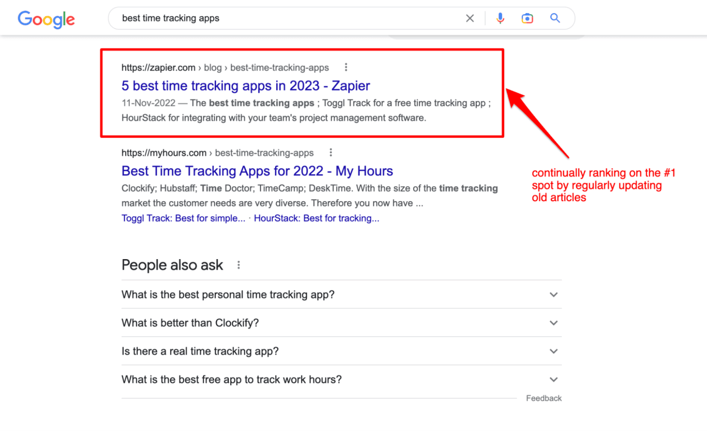 Google search results for 'best time tracking apps' showing comparison articles and 'People also ask' suggestions