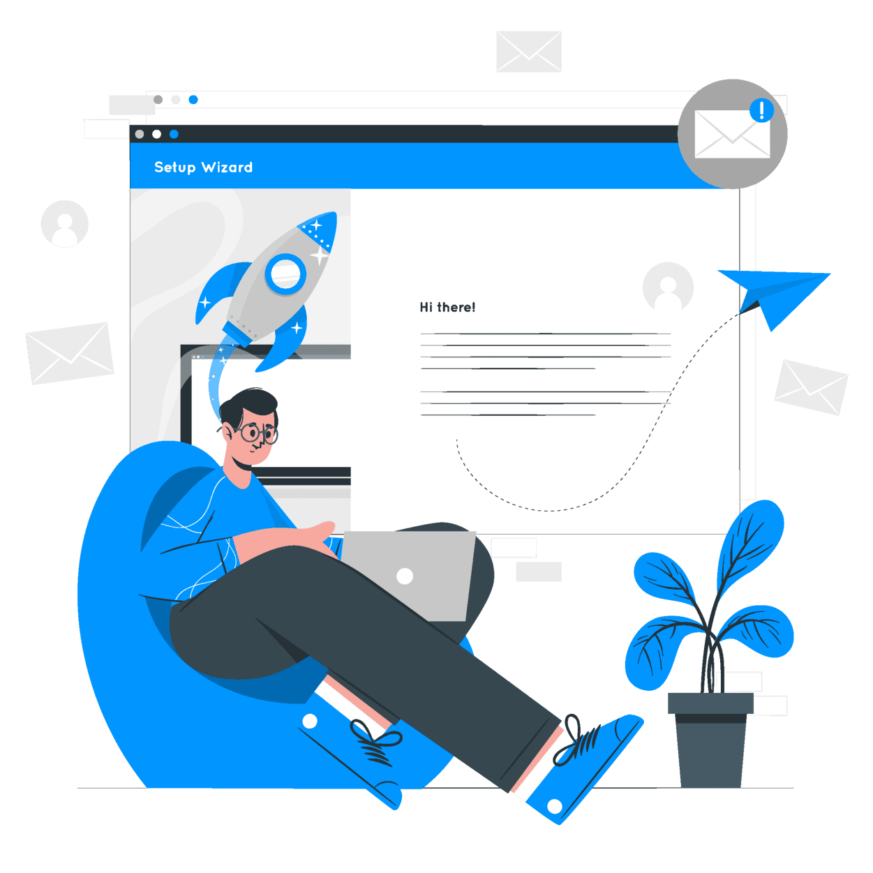 Illustration of a person using a laptop with a setup wizard interface, managing email marketing campaigns with a cold email marketing virtual assistant, showcasing flexible support, platform expertise, and process precision for streamlined execution.
