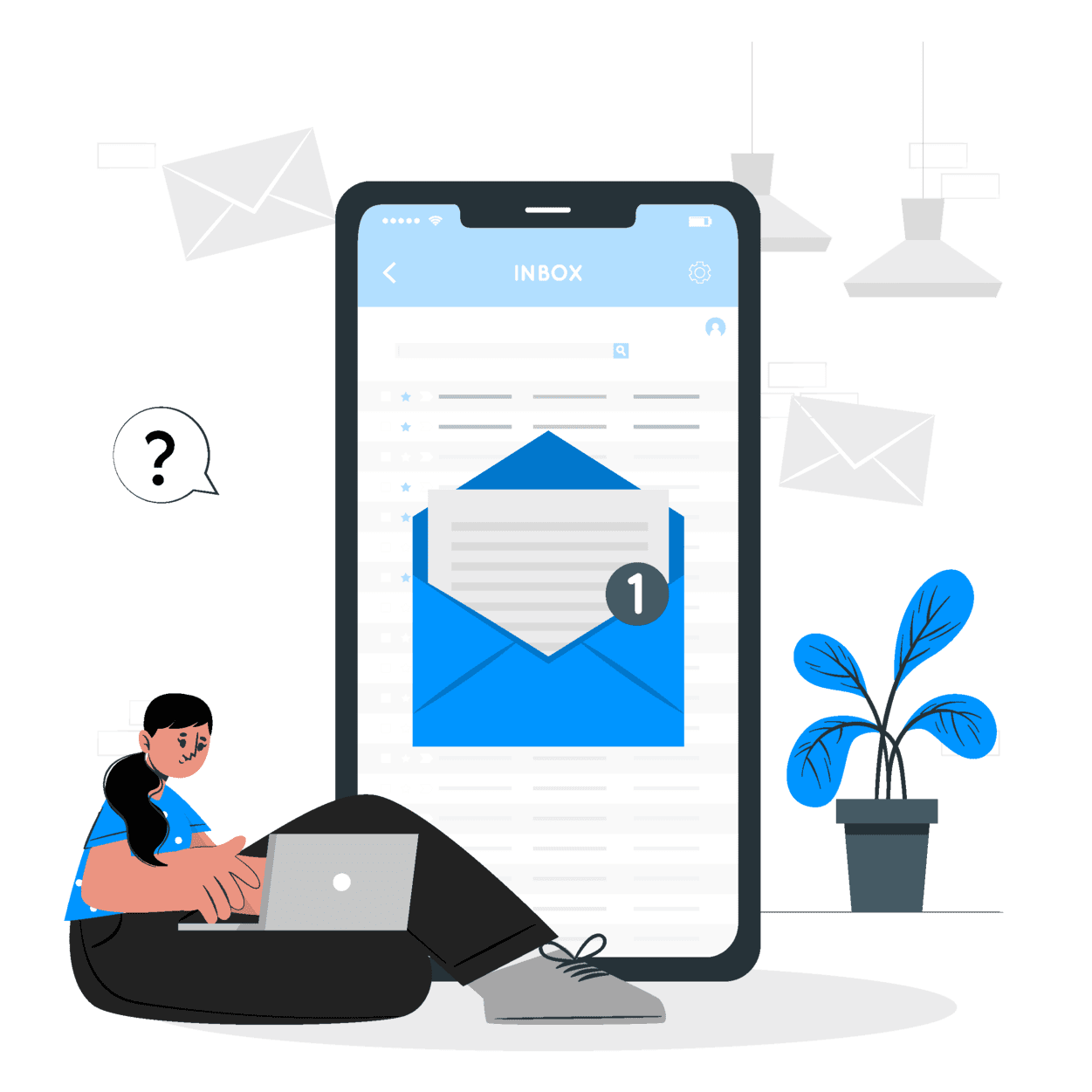 Illustration of a person using a laptop and smartphone to manage email marketing campaigns, with an inbox displaying a new email, accompanied by strategic questions about outsourcing an email marketing virtual assistant to improve consistency and performance.