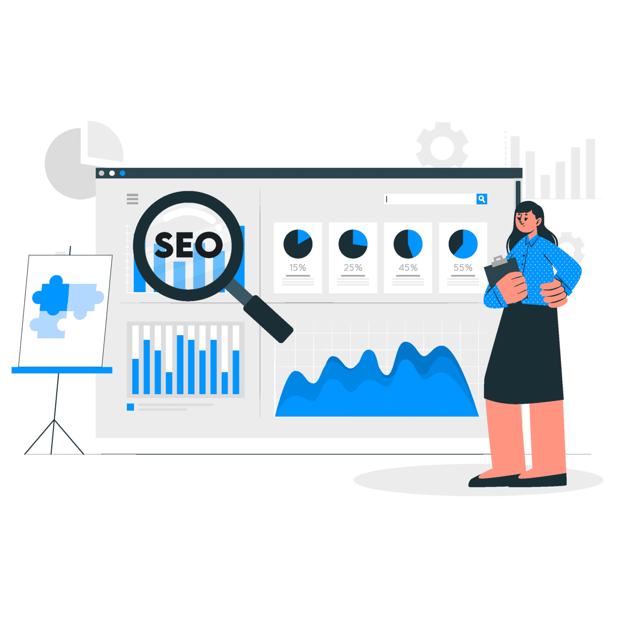 Virtual SEO team reviewing analytics and keyword performance on screen