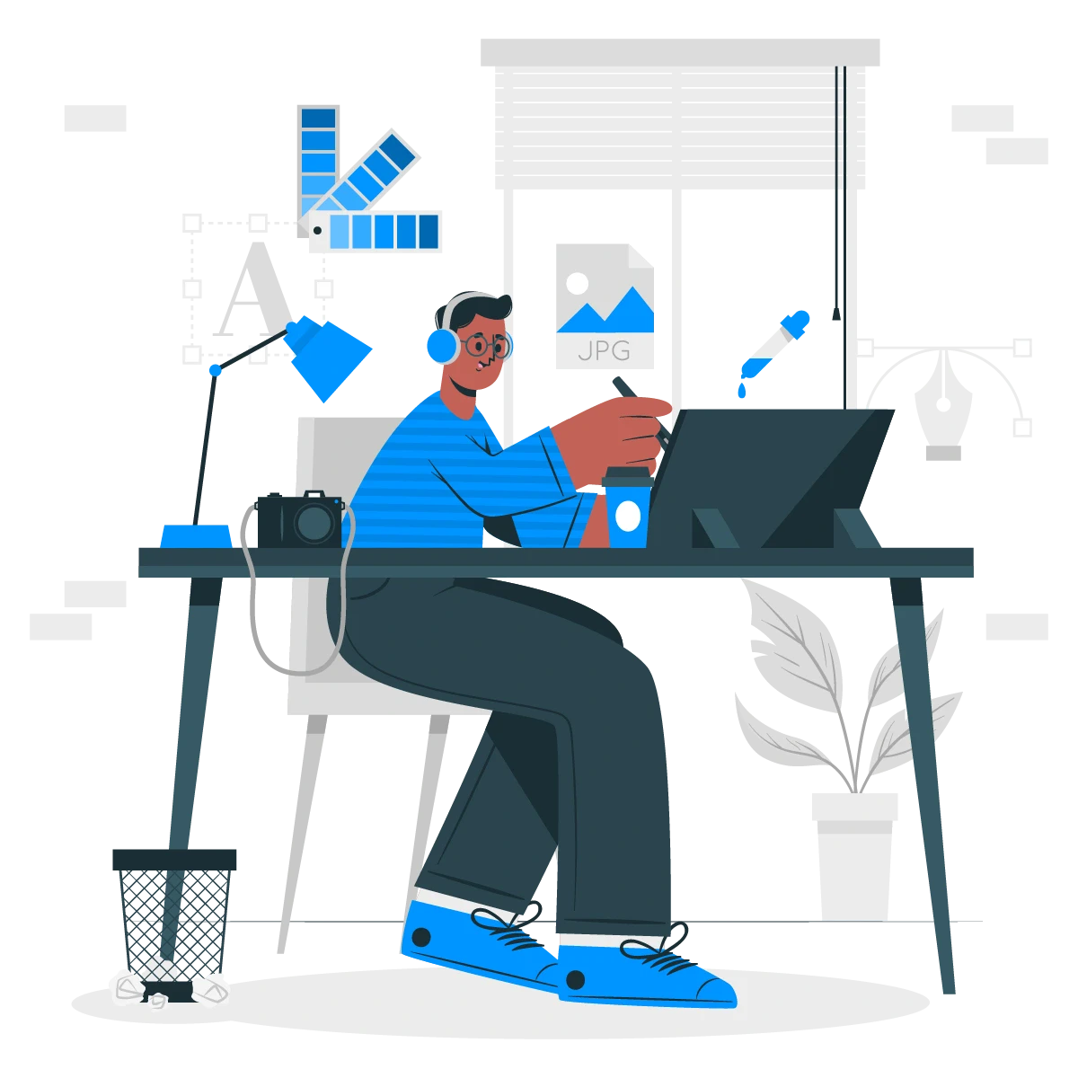 Illustration of a designer working with various tools and software on a computer, demonstrating proficiency in design tools