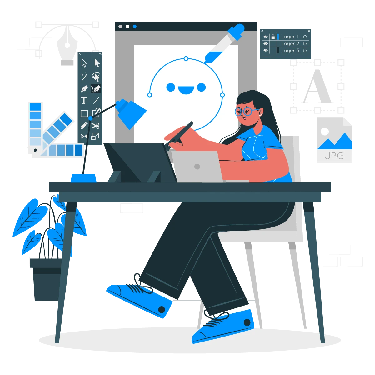 Illustration of a professional working on a computer, surrounded by tools and resources, highlighting the advantages of outsourcing