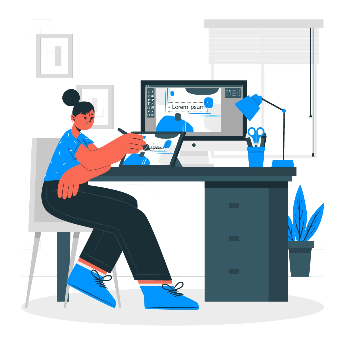 Illustration of a remote worker using a laptop in a home office with a city view