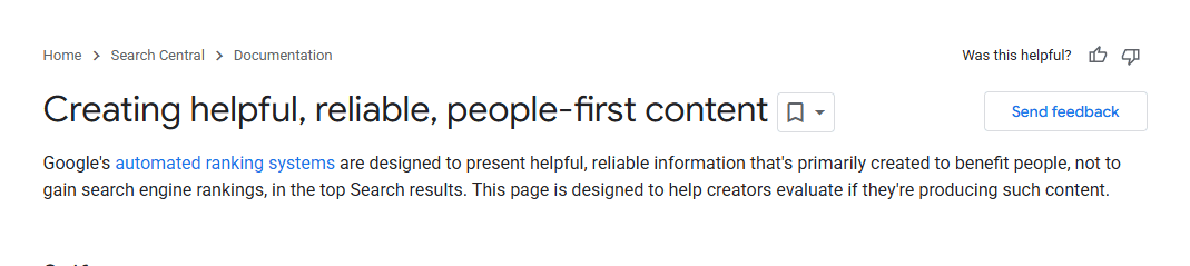 Screenshot of Google Search Central documentation page titled 'Creating helpful, reliable, people-first content,' explaining how Google's ranking systems prioritize user benefit over search engine rankings, with feedback and navigation options visible.