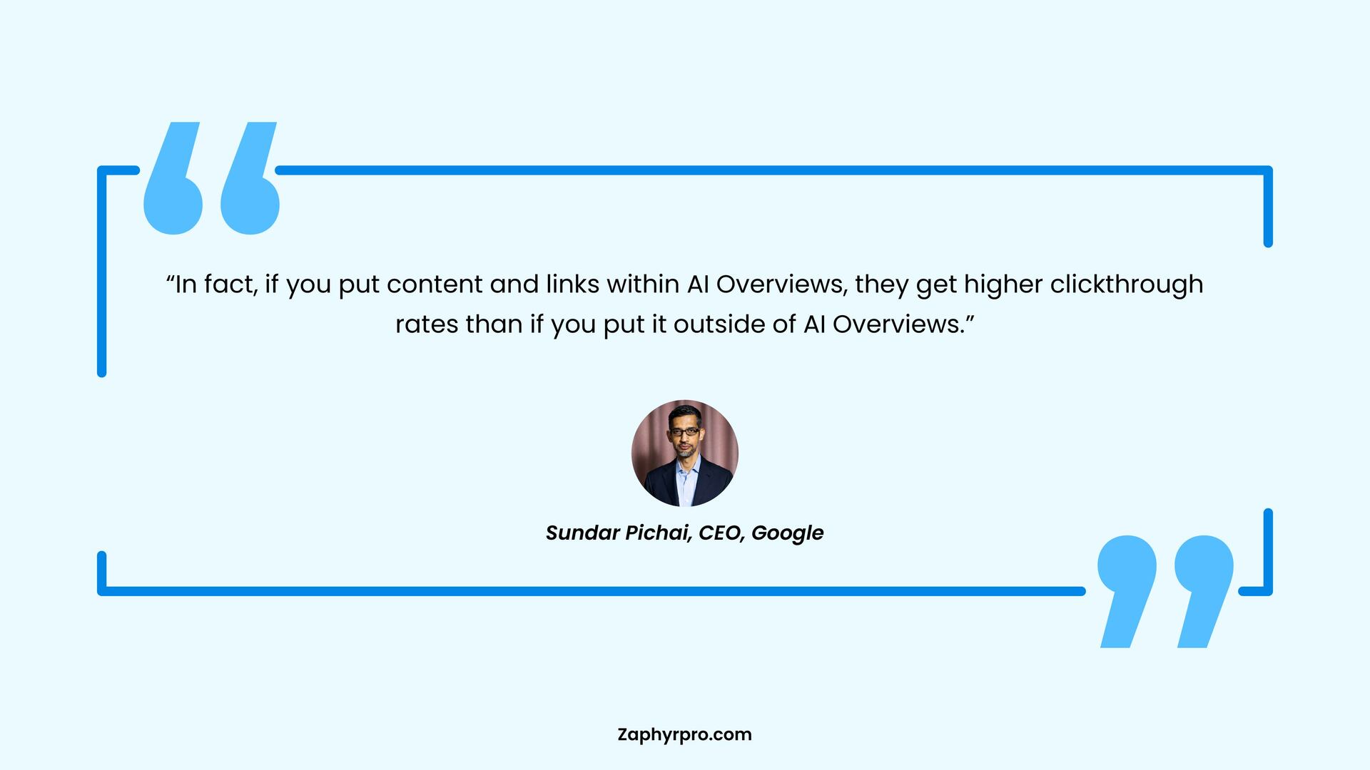 Quote from Sundar Pichai, CEO of Google, about AI Overviews improving click-through rates in search results.
