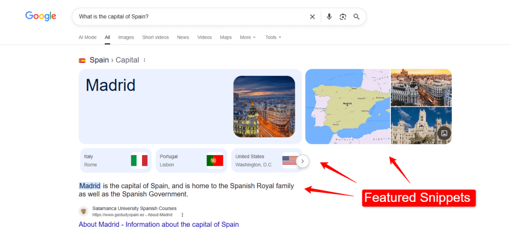 Google featured snippet example answering “What is the capital of Spain?” showing Madrid with supporting text and images.