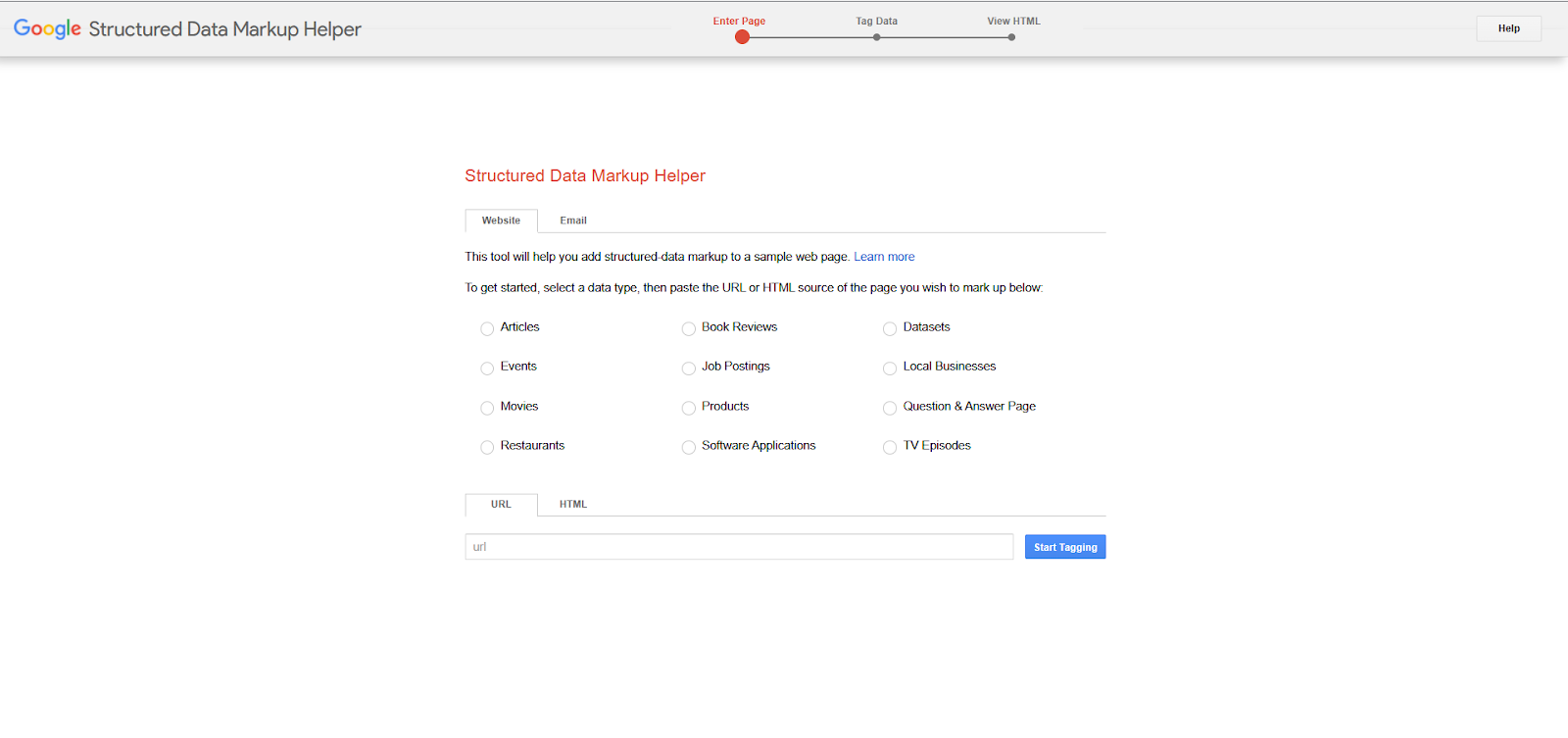 Google Structured Data Markup Helper tool interface for adding schema markup
