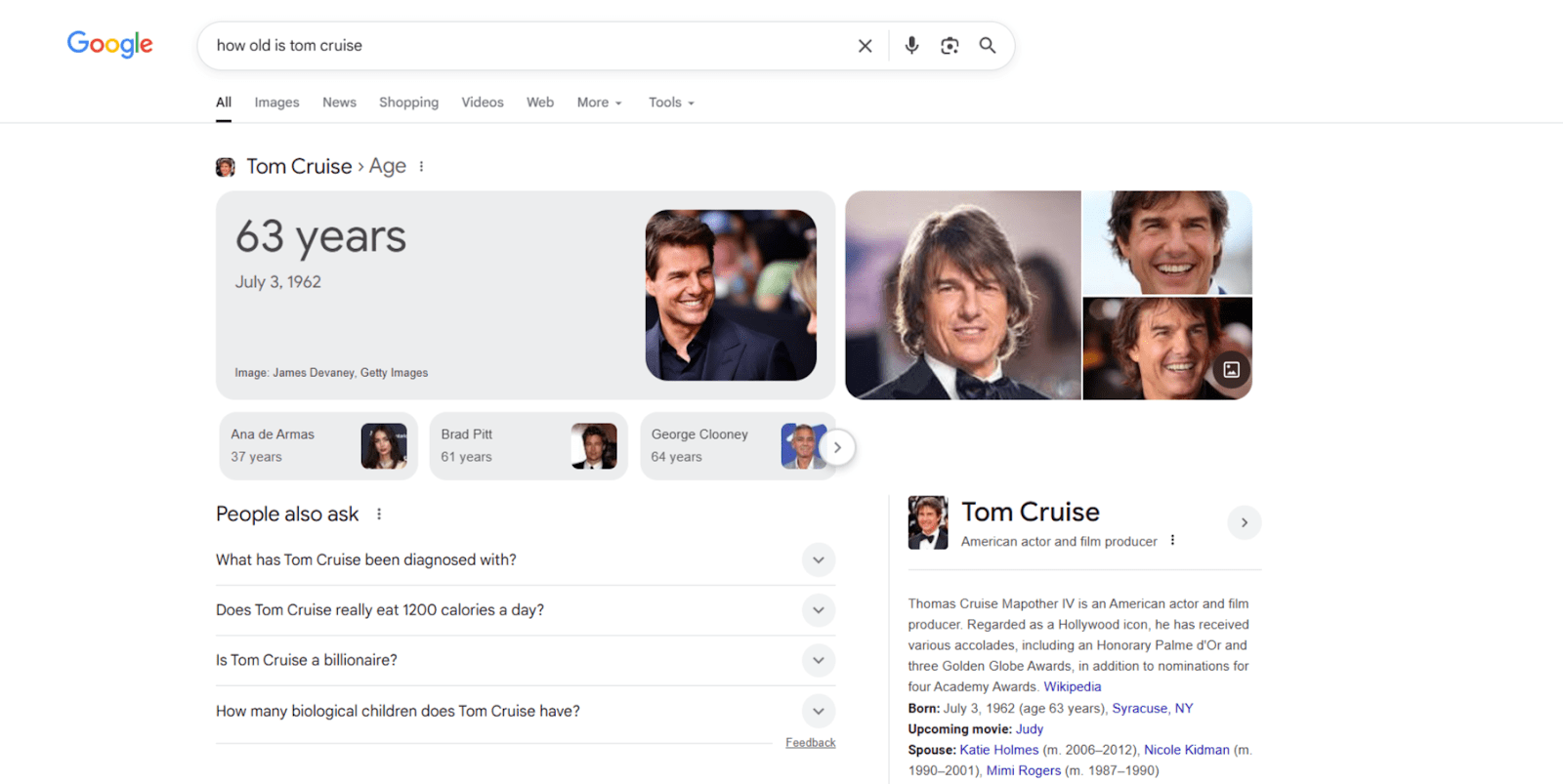 Google knowledge panel showing Tom Cruise age with images, related searches, and biography