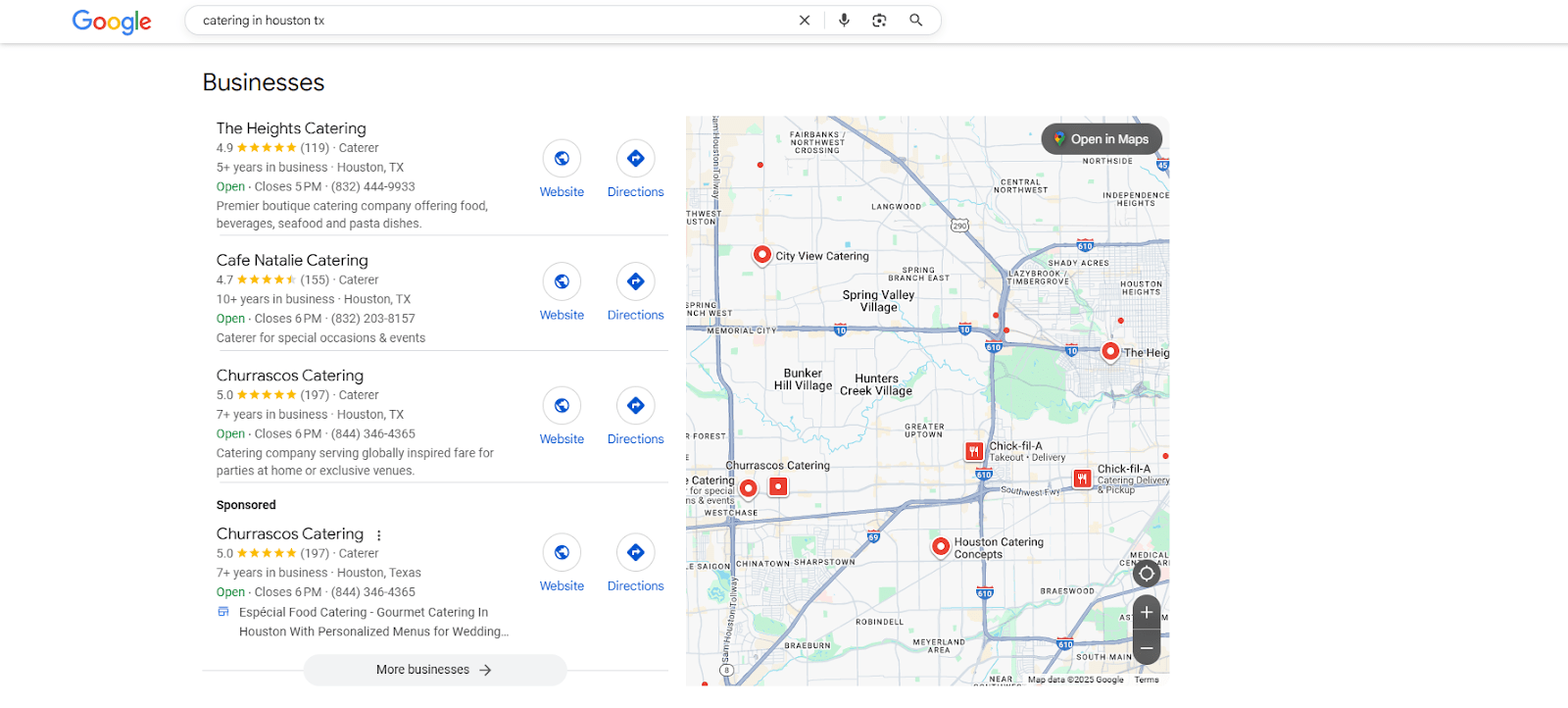 Google local pack search results showing catering businesses in Houston with map and ratings.