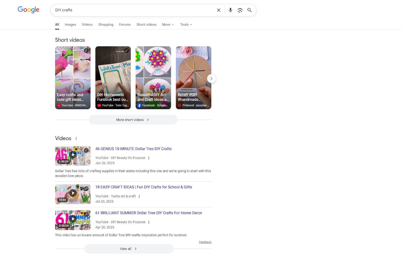 Google search results displaying video and short video carousel for DIY crafts.