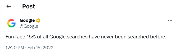 Google tweet highlighting that 15% of all searches are completely new queries, posted on February 15, 2022