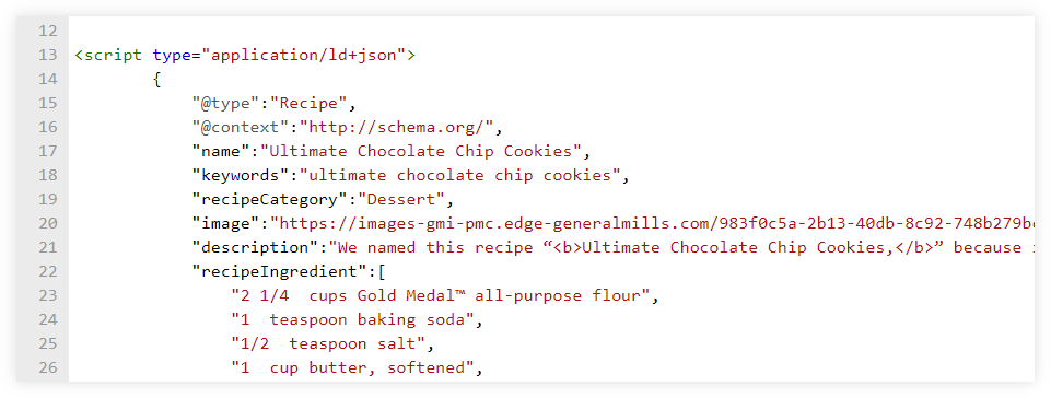 Example of recipe schema markup in JSON-LD format for chocolate chip cookies including ingredients and metadata.