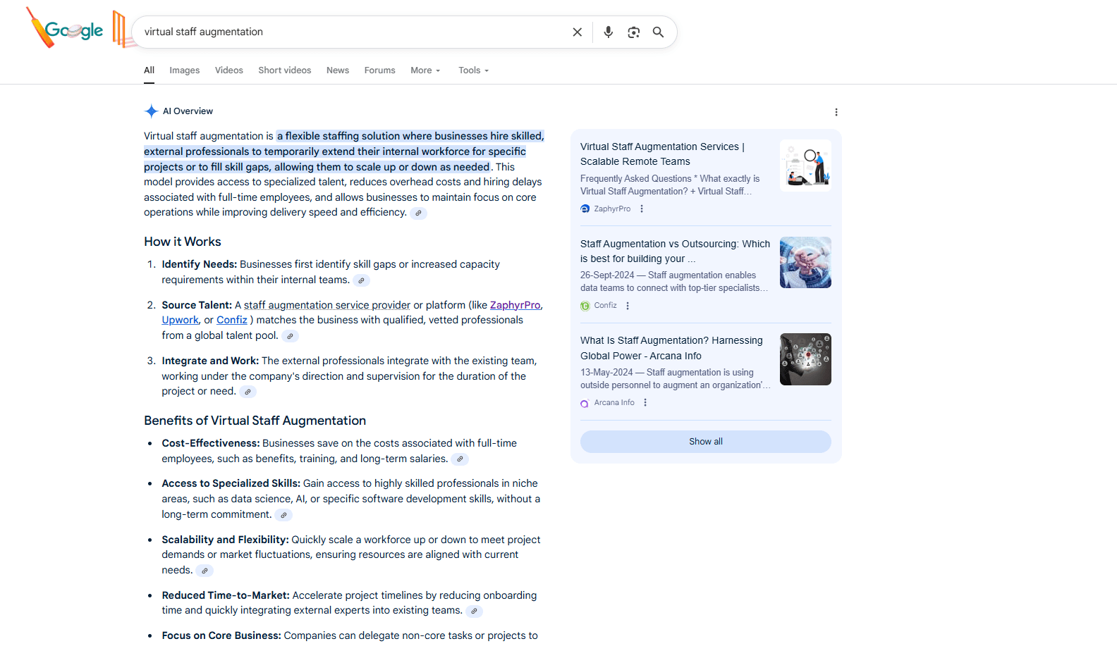 Google AI Overview explaining virtual staff augmentation with definition, how it works, and benefits.