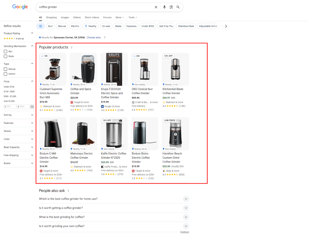 Google Shopping results showing popular coffee grinder products with price and ratings
