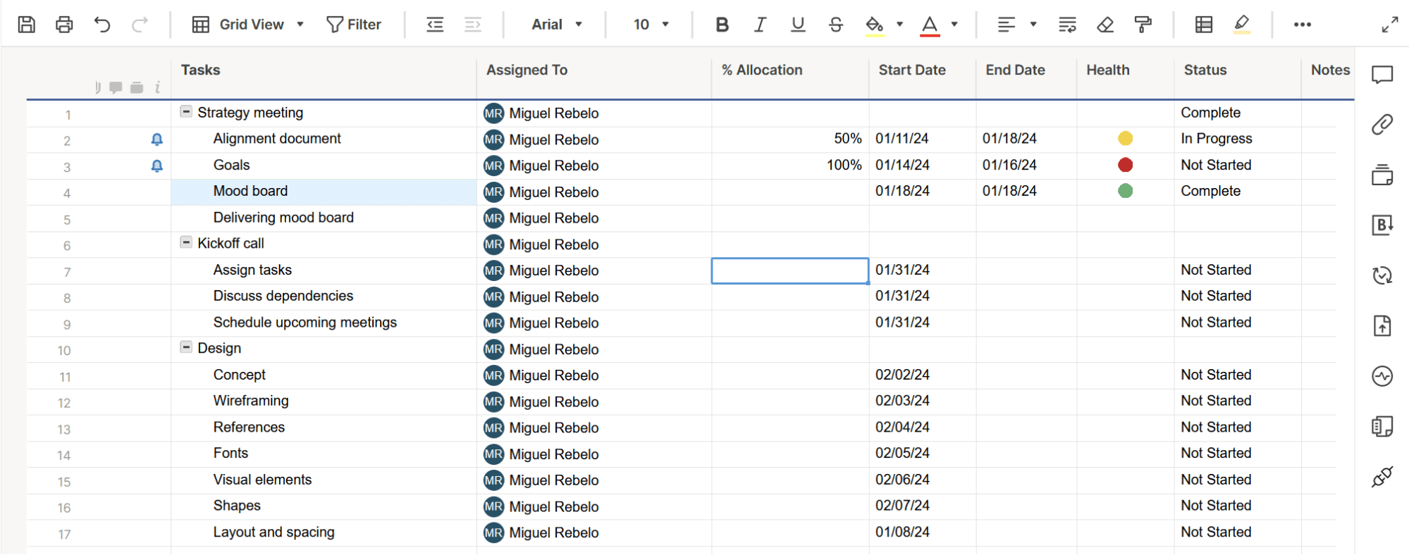 A sheet view in Smartsheet