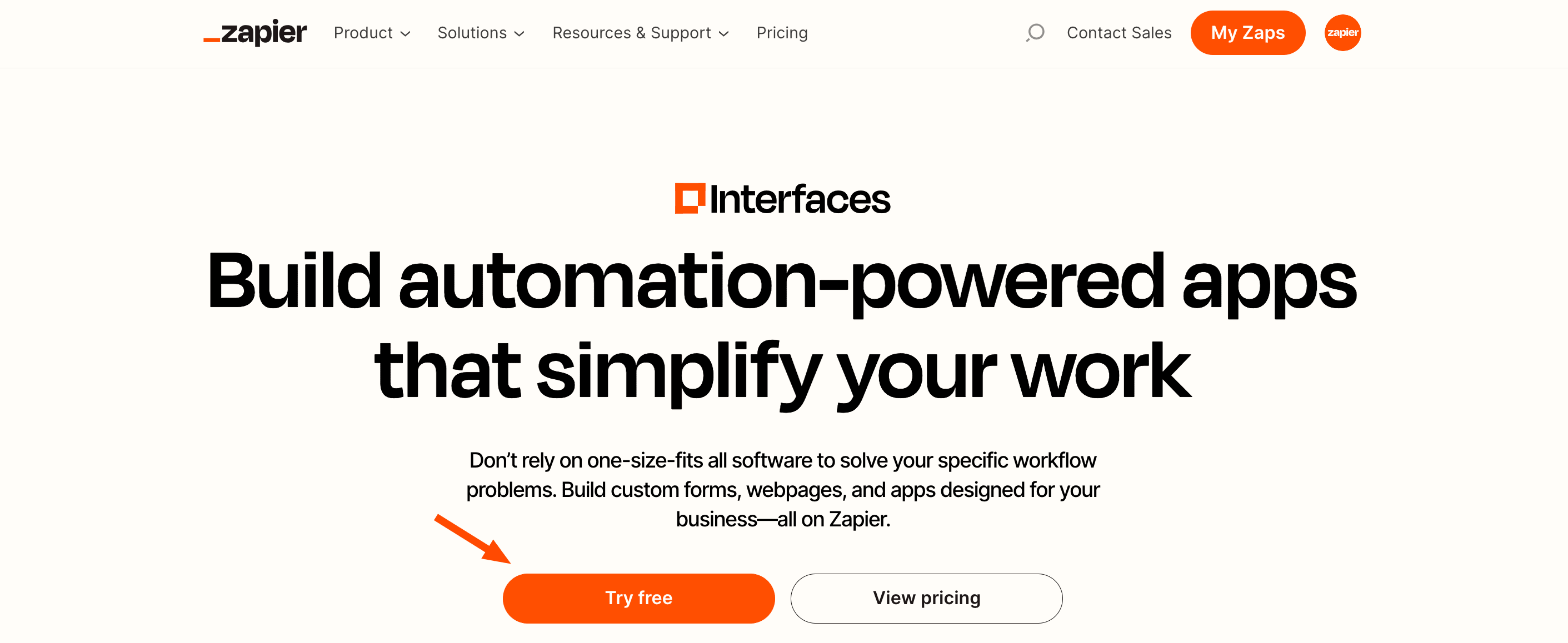 Screenshot of Zapier Interfaces home page displaying a try free button