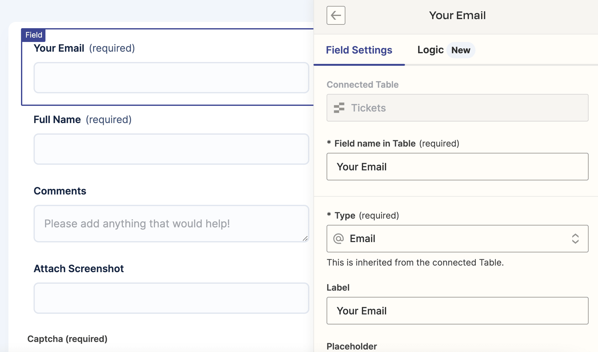 Screenshot of field settings in Interfaces