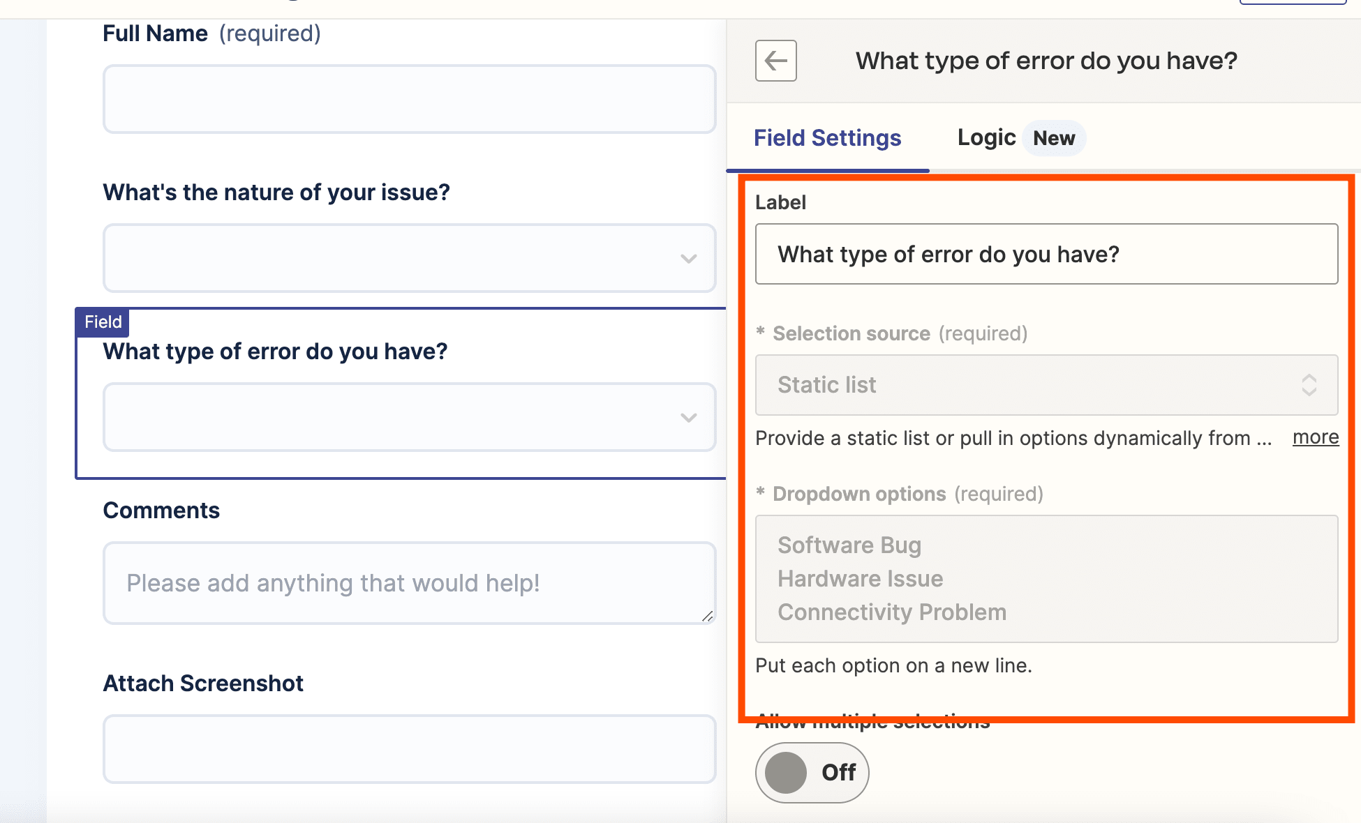 Screenshot of conditional logic field setting up