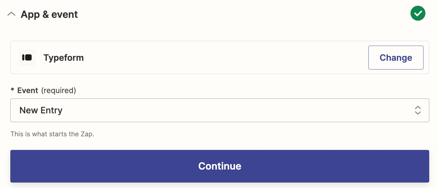 A trigger step in the Zap editor with Typeform selected as the action app and New Entry selected for the trigger event.