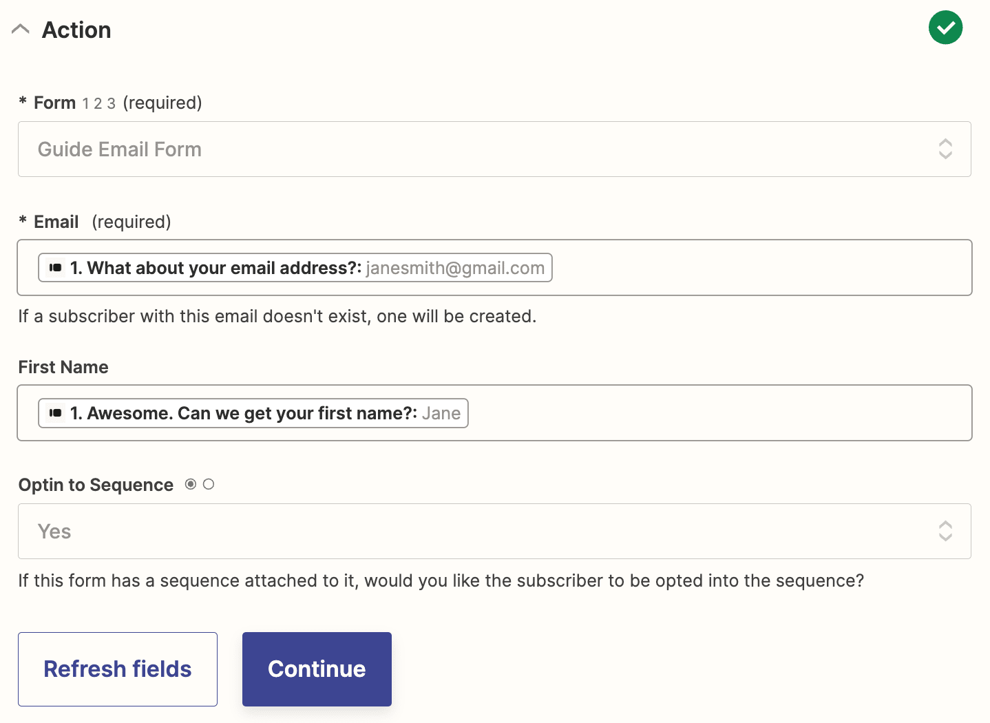 ConvertKit fields in the Zap editor with Typeform data added to the fields.