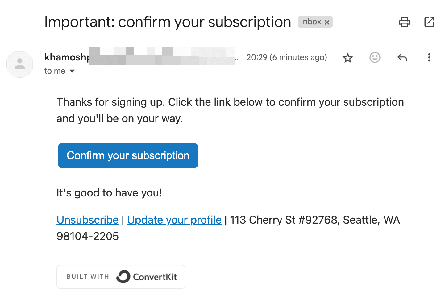 An email with a blue "Confirm your subscription" button.