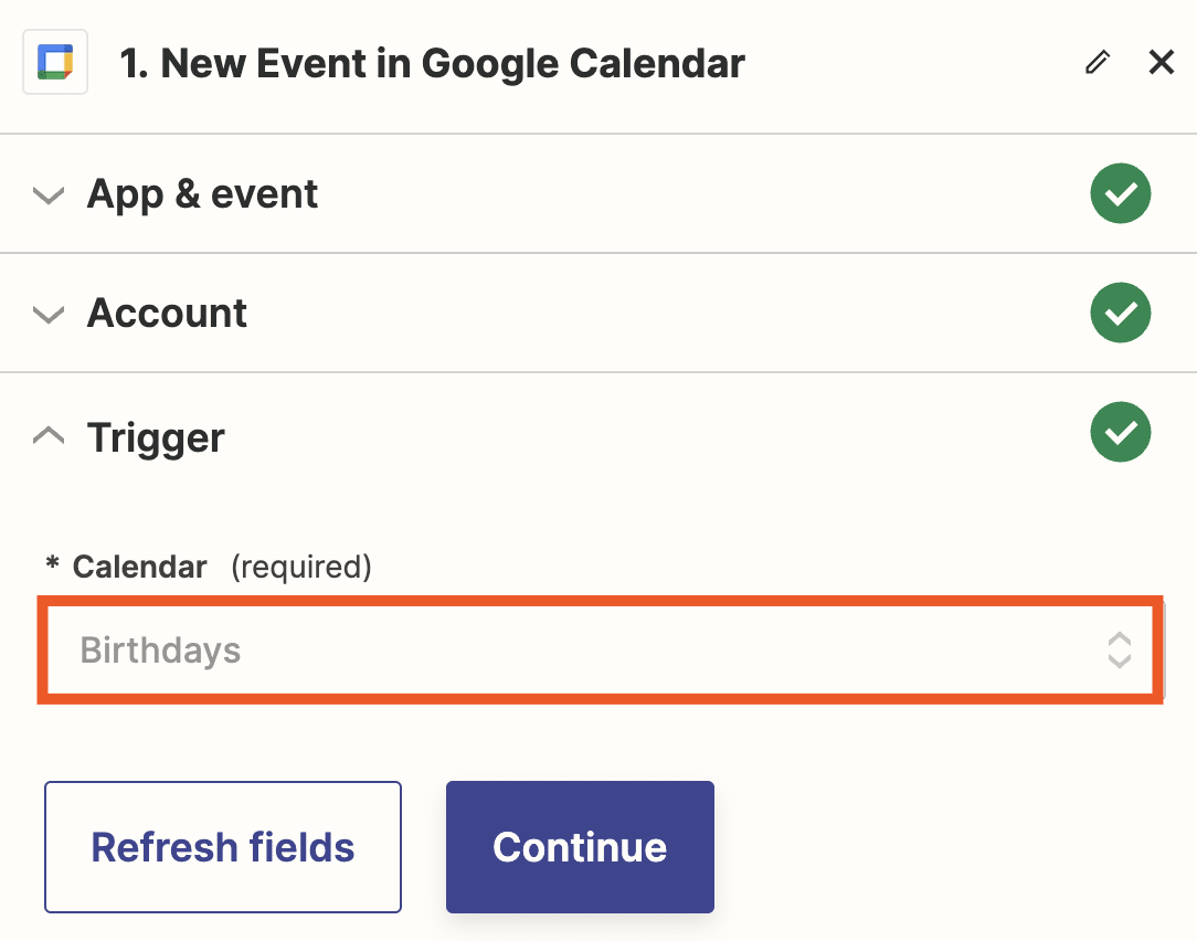 An orange box around the Calendar field in a Google Calendar trigger step in the Zap editor.