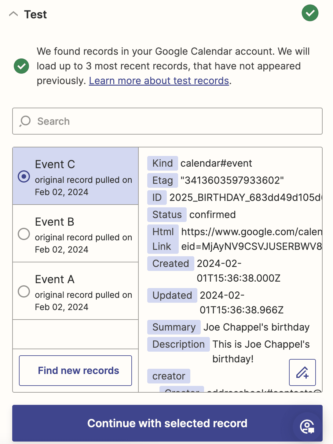 A set of Google Calendar test records with Event C selected.