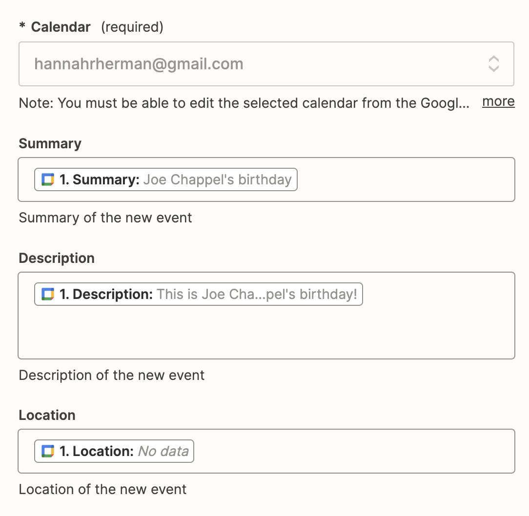 Google Calendar fields in the Zap editor with data added from another Google Calendar to the fields.