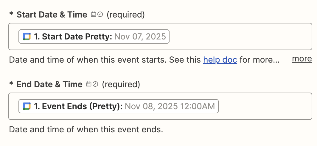 Start date & time fields in the Zap editor for a Google Calendar Zap.