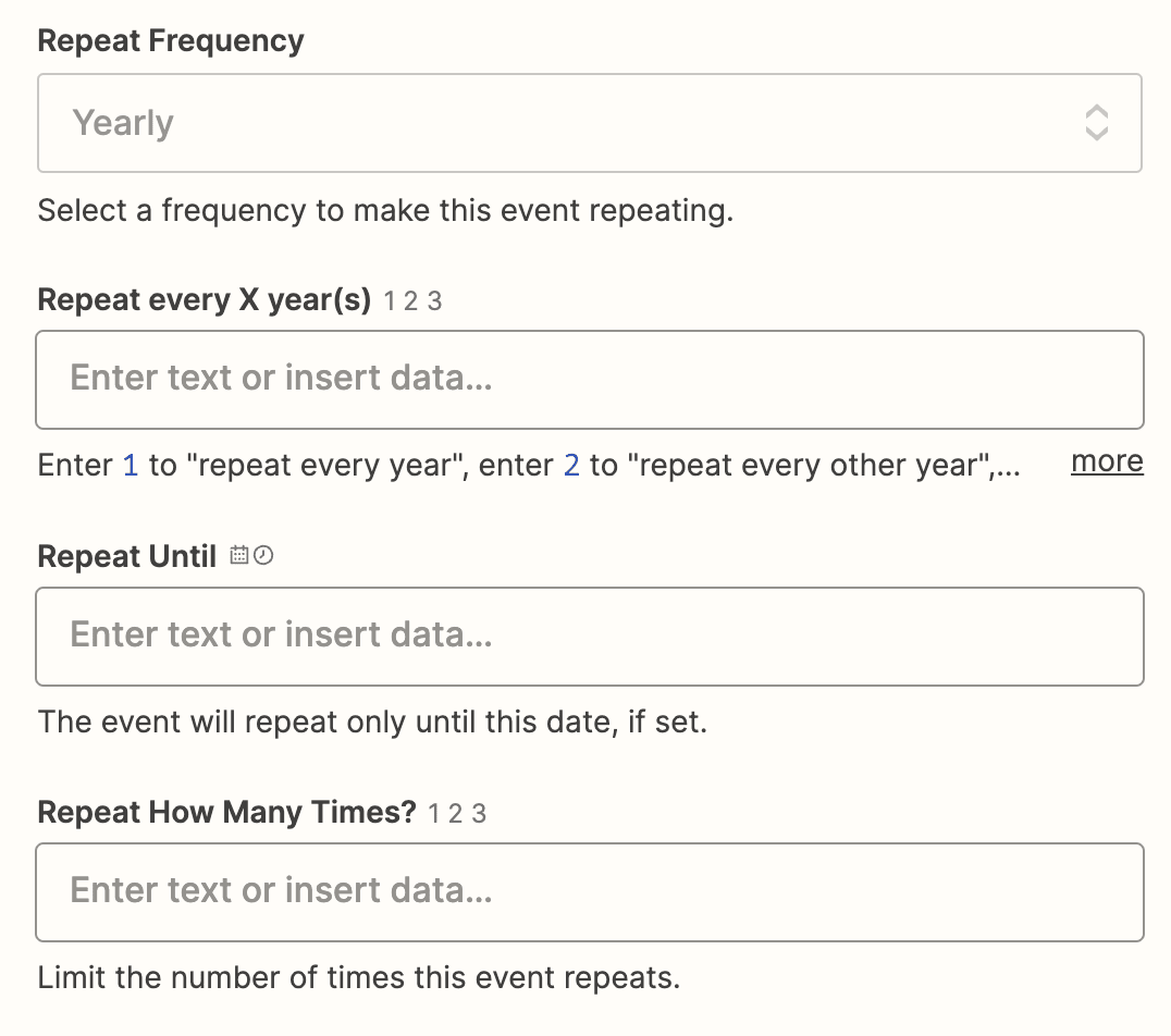 Google Calendar fields in the Zap editor.