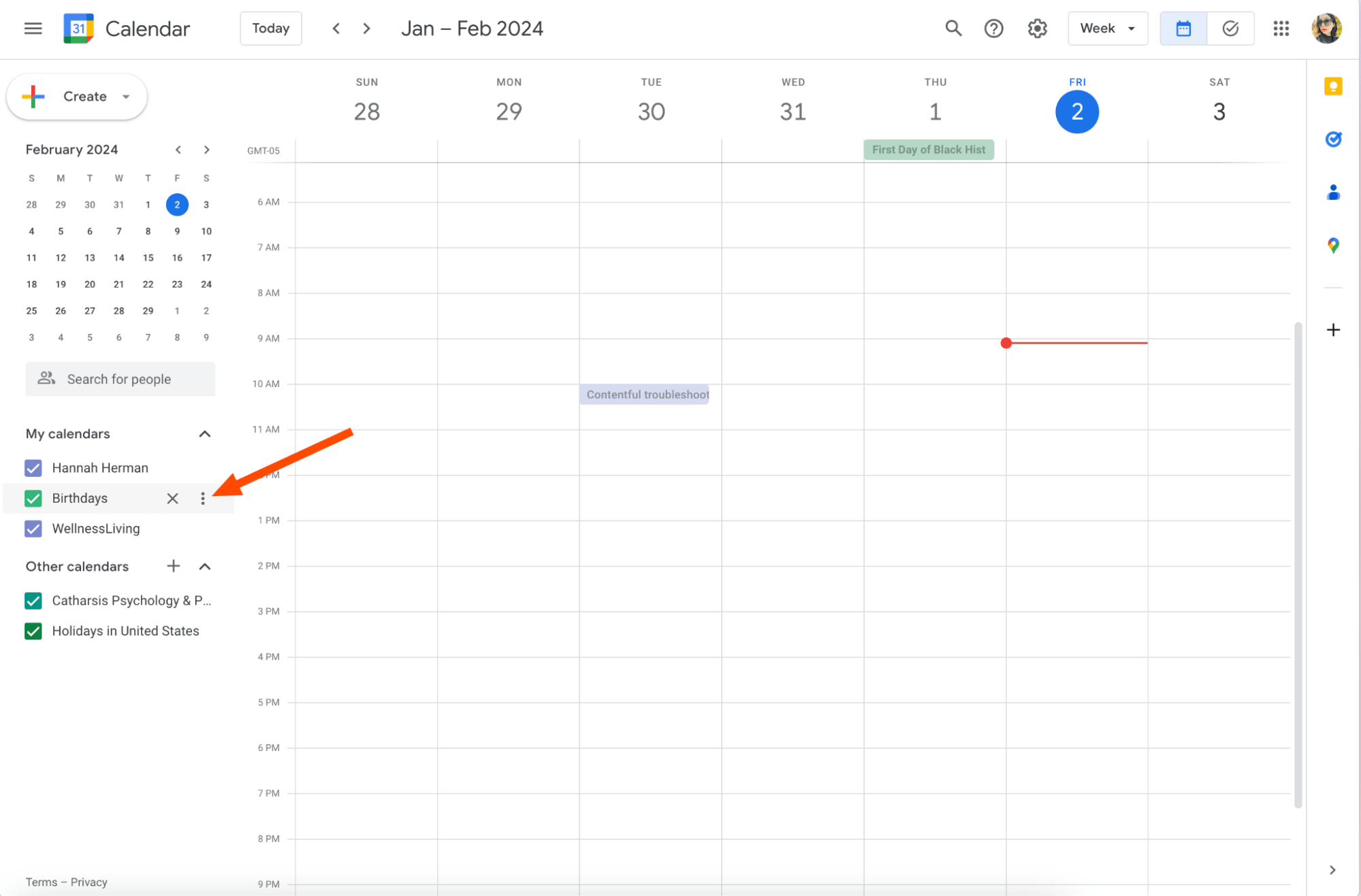 An orange arrow points to three vertical dots next to a calendar.