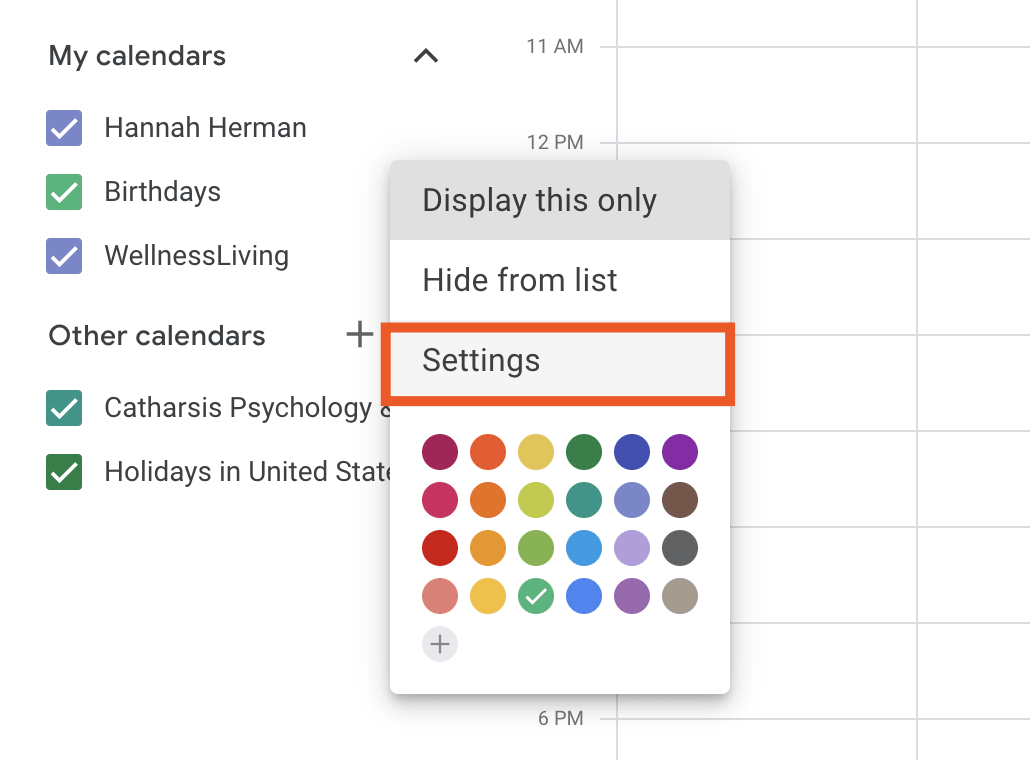 An orange box is shown around the Settings menu in Google Calendar.