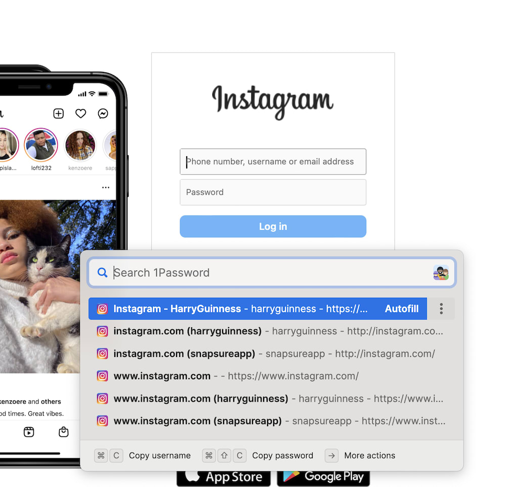 Logging in to Instagram using 1Password