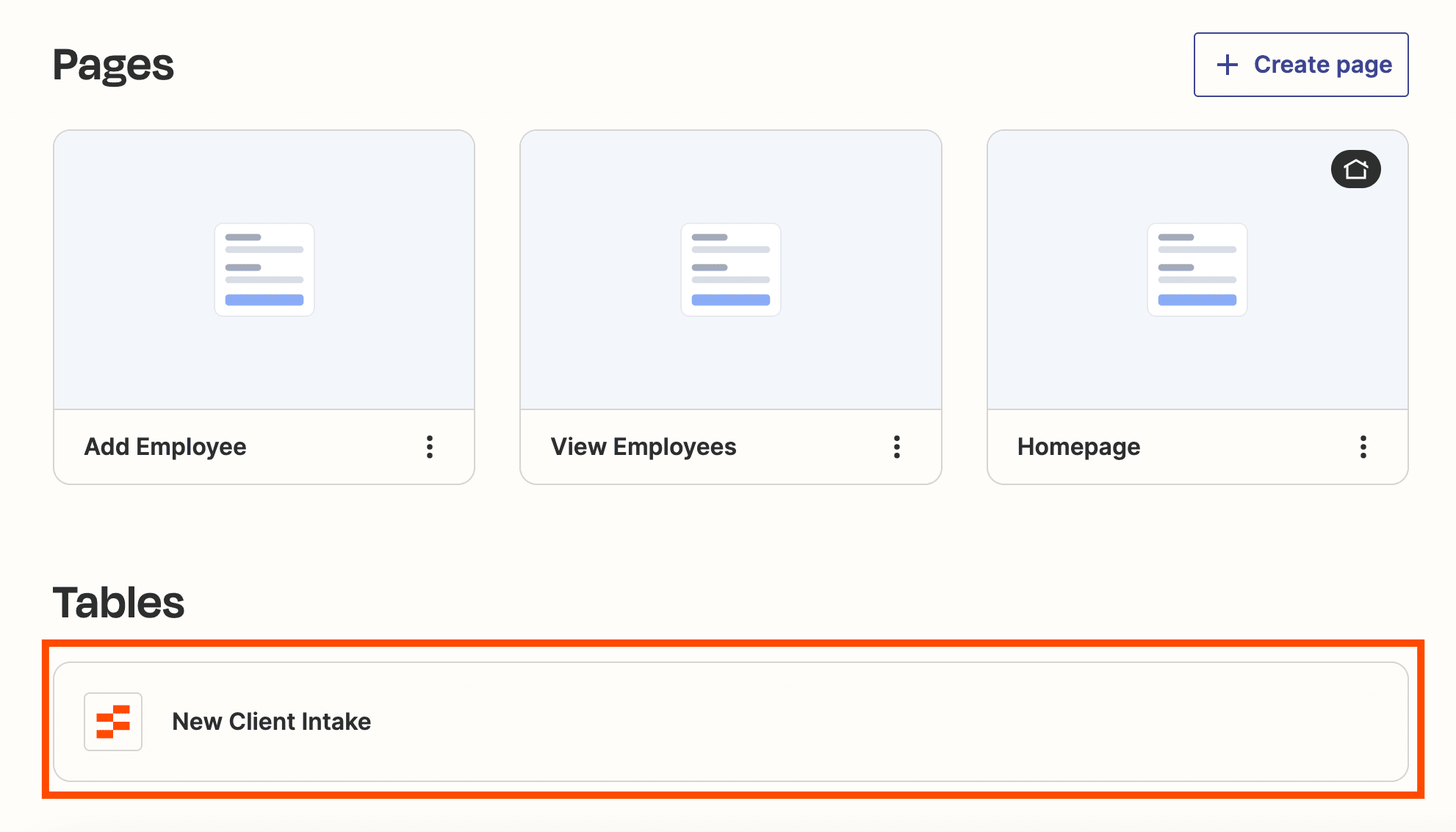 Screenshot of tables link