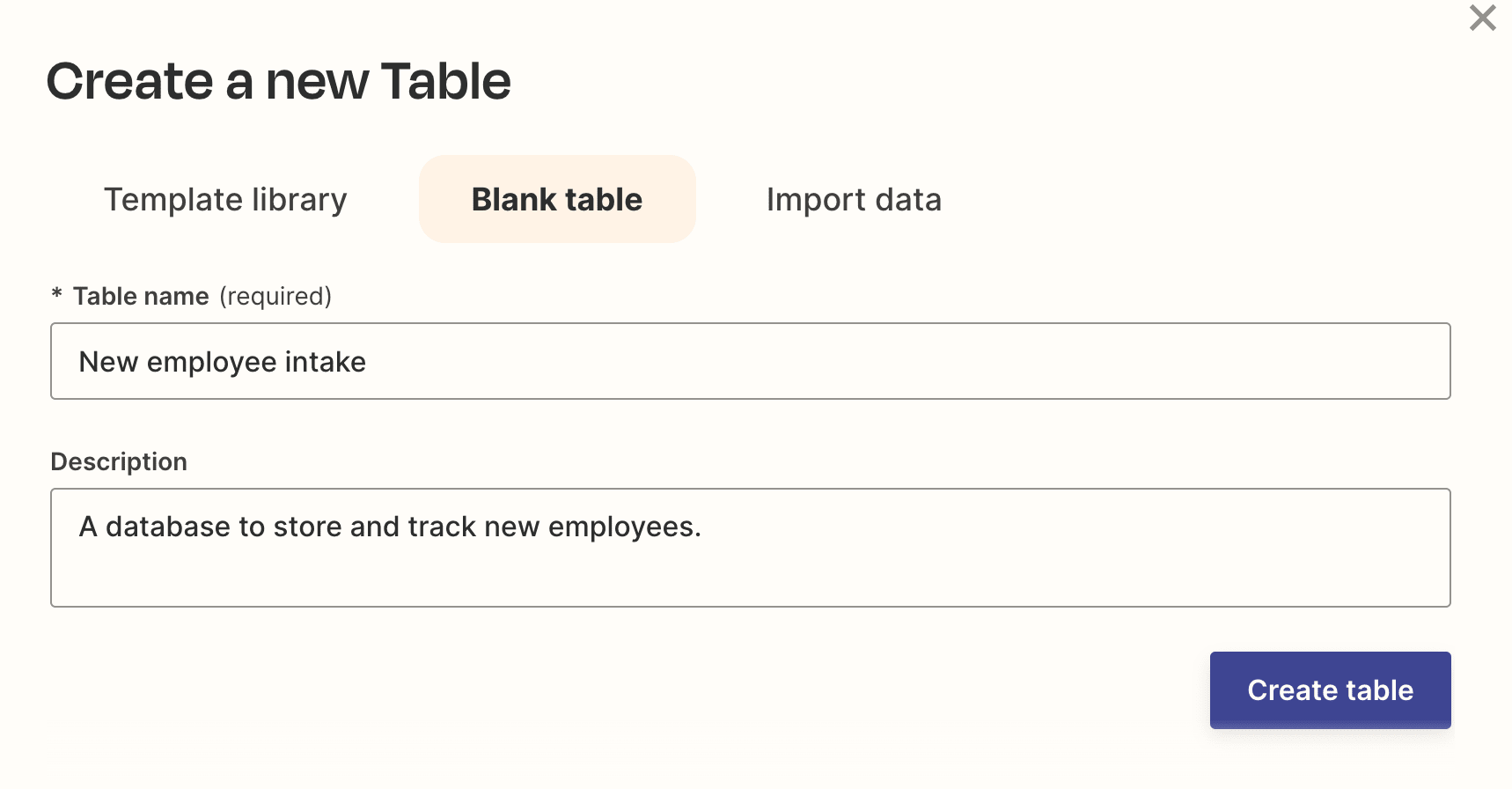 Screenshot of new table description and name