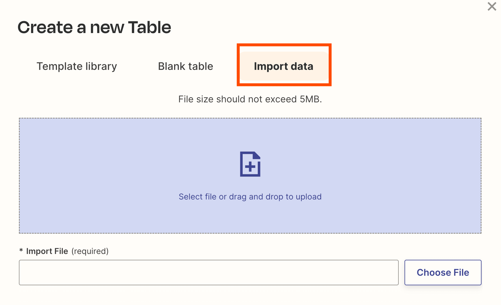 Screenshot of import data button on table