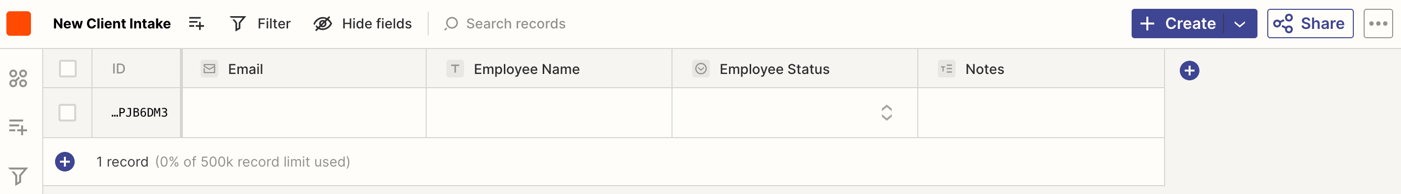 Screenshot of onboarding table set up