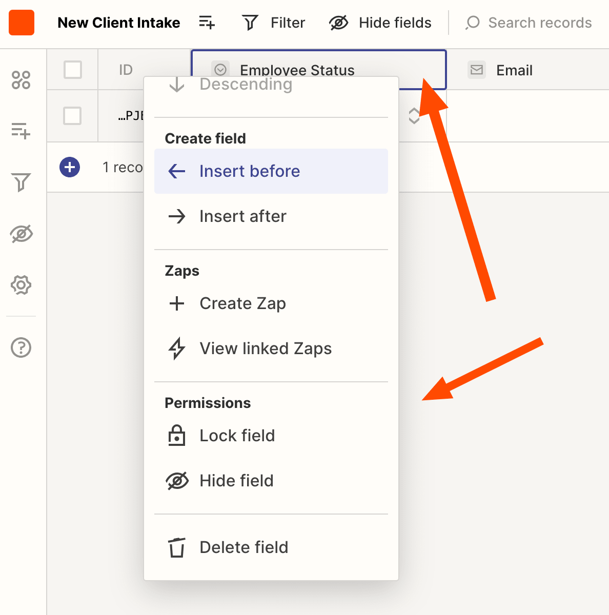 Screenshot of field adjustments