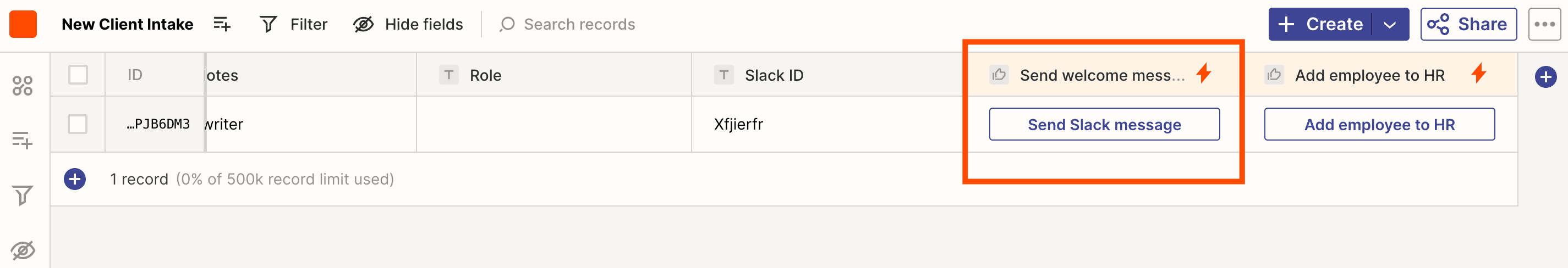 Screenshot of Slack button option in Tables
