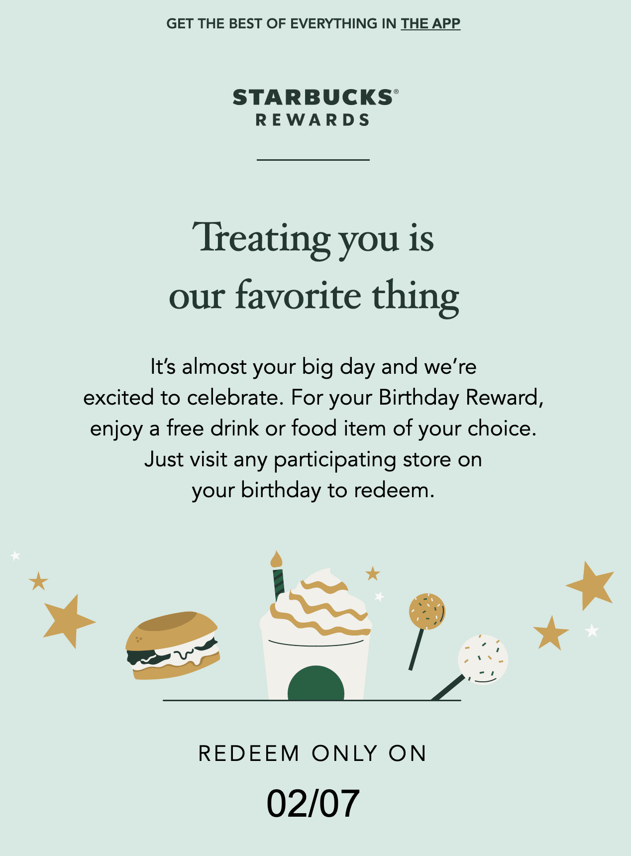 The birthday reward email from Starbucks