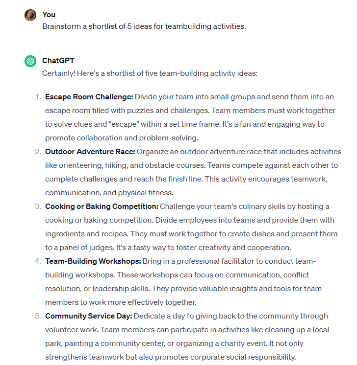 Asking ChatGPT to brainstorm a list of ideas for team-building