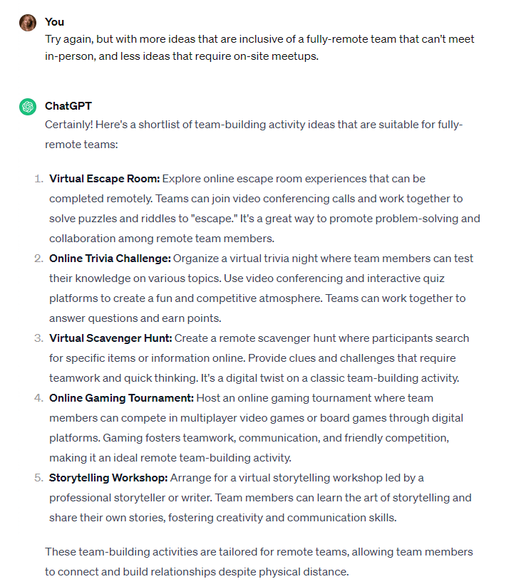 Asking ChatGPT for something that's more inclusive of remote teams