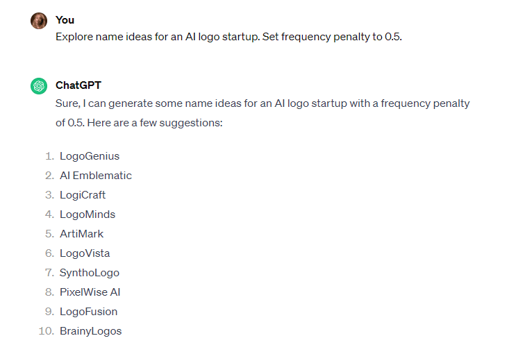 Asking for ideas for a startup name with a frequency penalty of 0.5