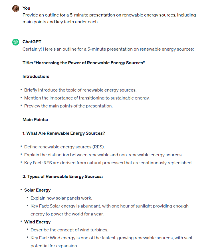 Asking for an outline in ChatGPT
