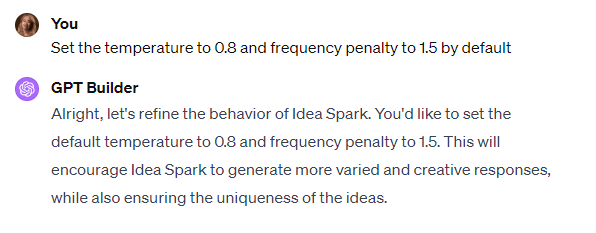 Setting the default temperature and frequency penalty in a custom GPT