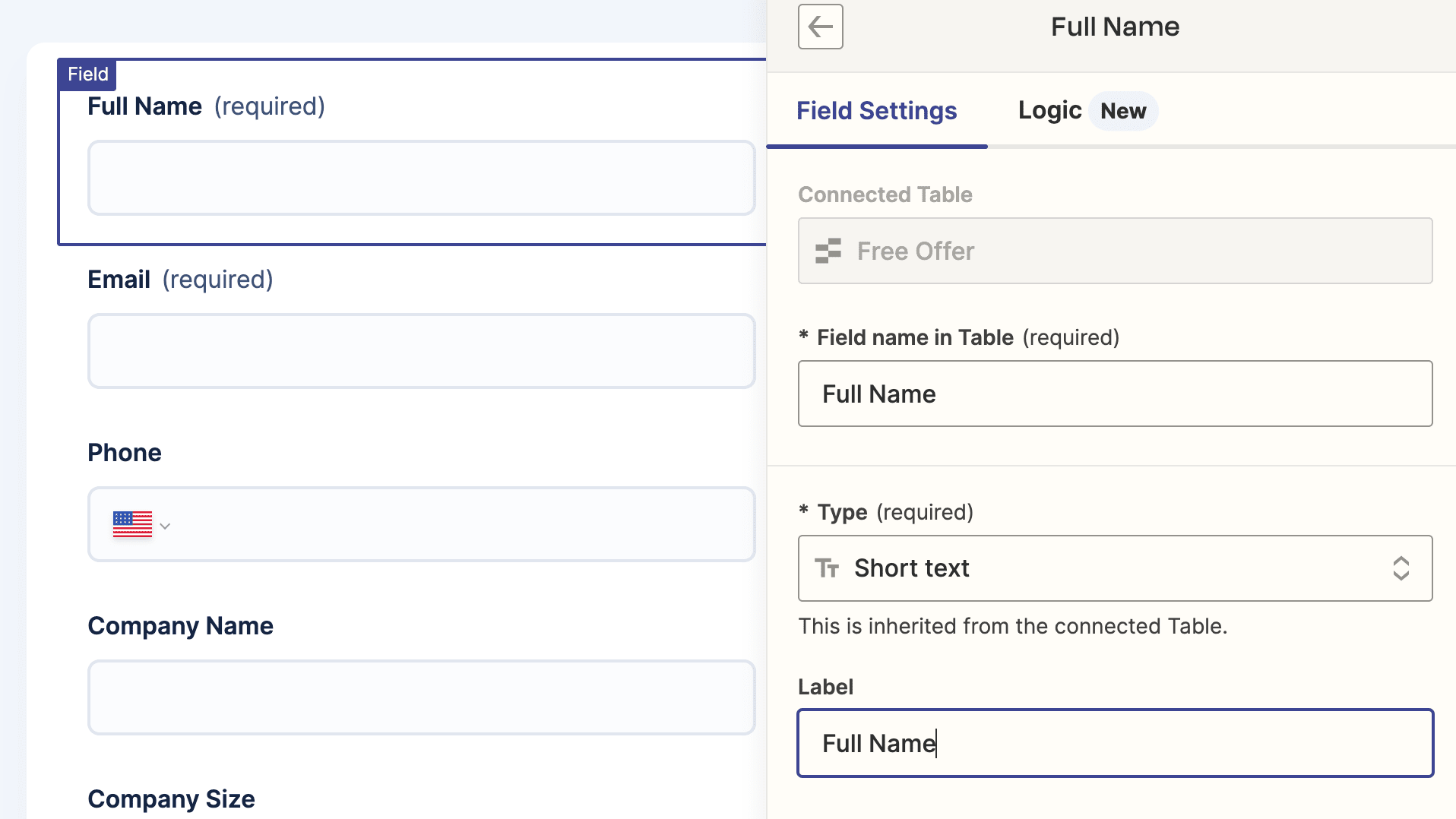 Screenshot of form field settings inside Interfaces