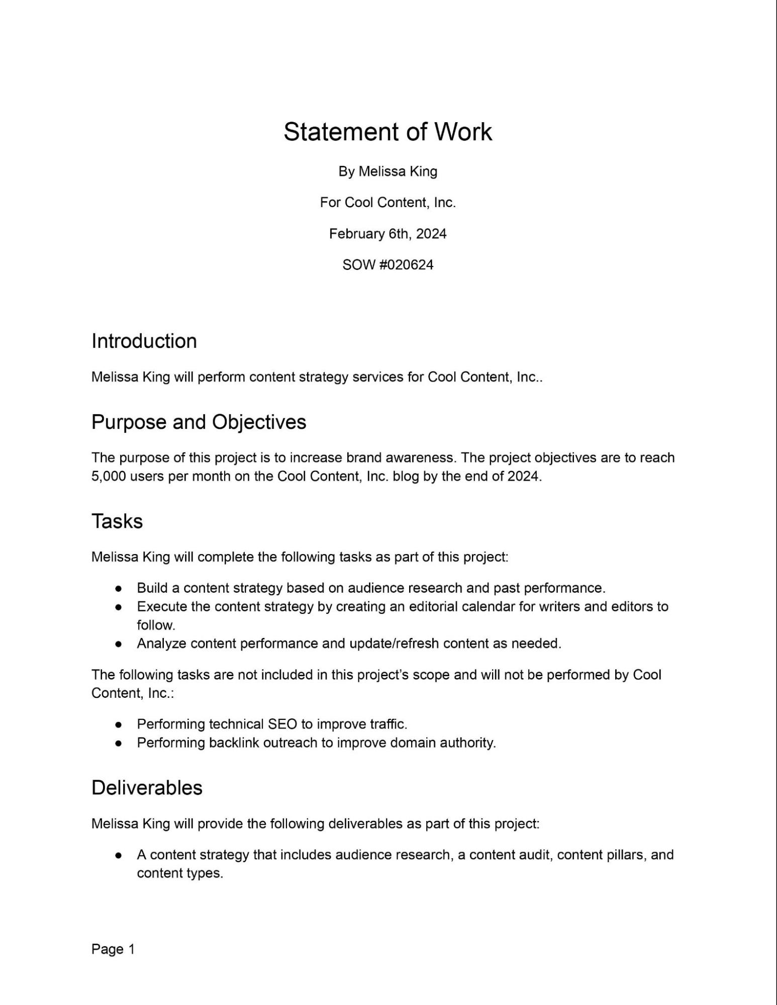 Statement of work example