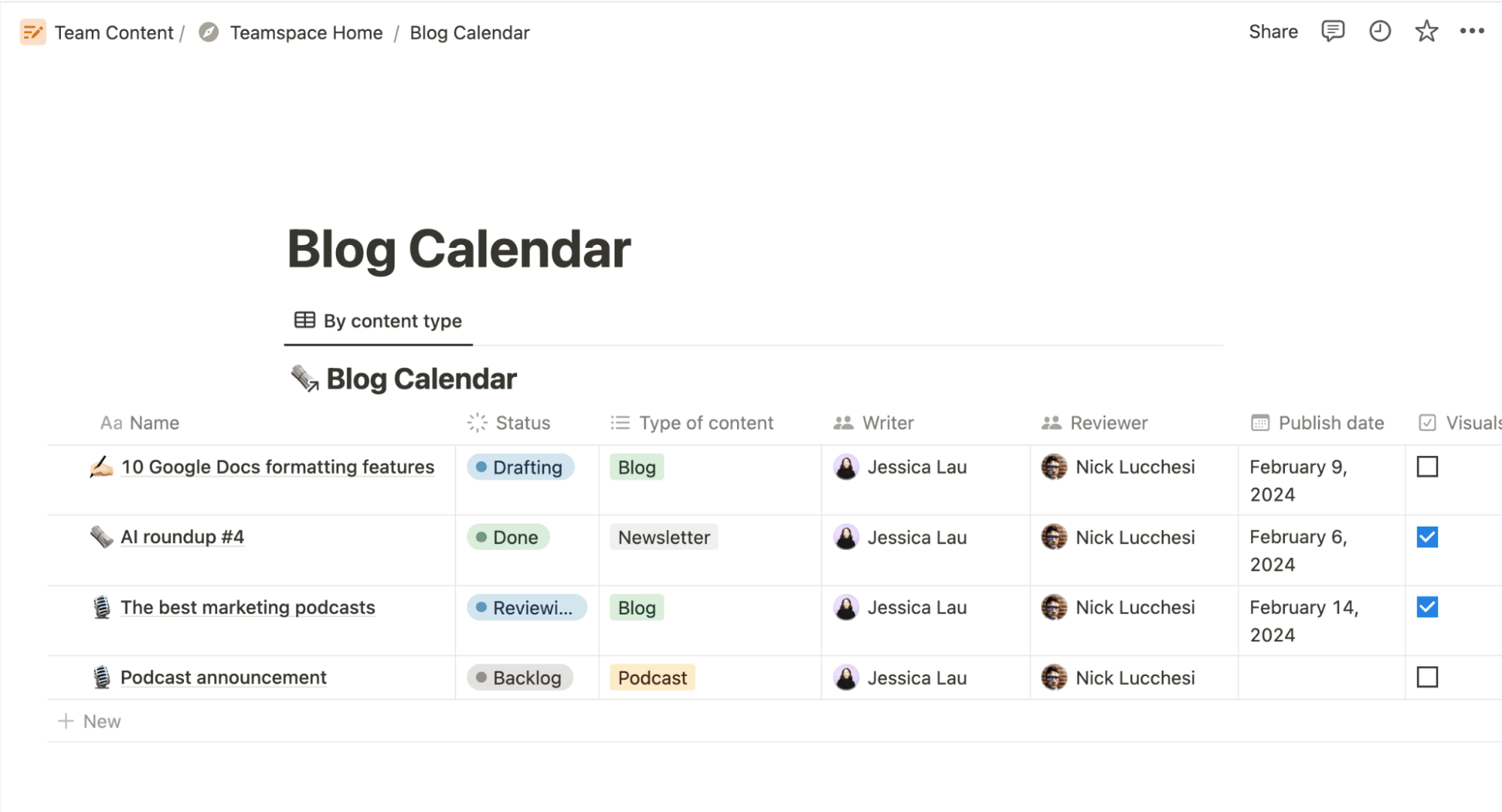 Example of a database with a table view in Notion. 