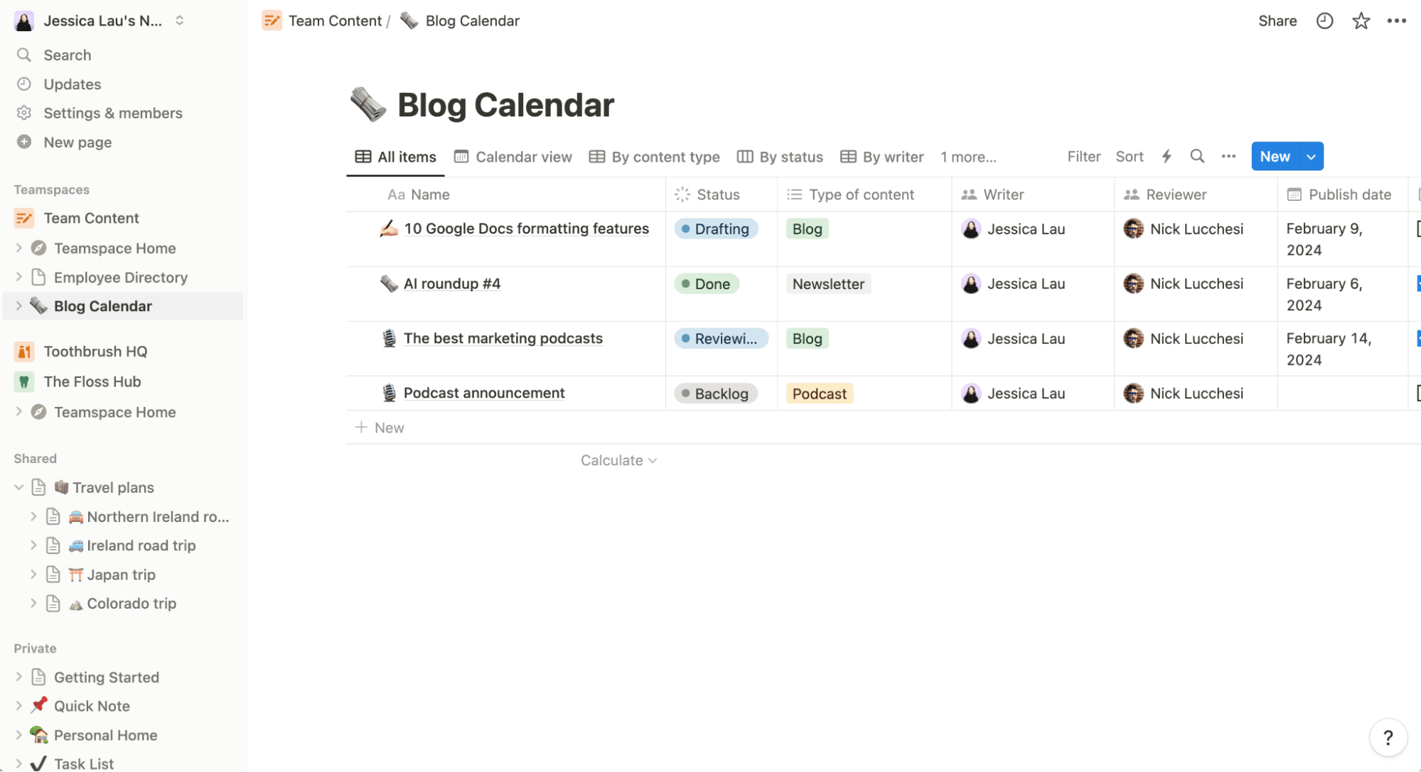 Example of a blog calendar database in Notion. 