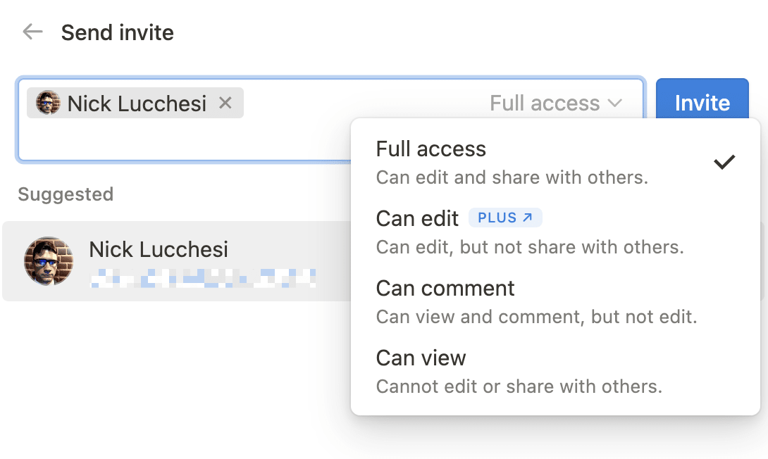 Expanded permissions dropdown in Notion's page sharing popup. 